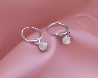 925 Sterling Silver Hoop Earring with Moonstone Charm, hoops with charm,