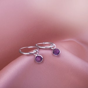 February Birthstone Hoop Earrings in Sterling Silver with Amethyst Charm