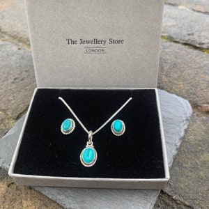 Oval Turquoise Jewelry Set in Sterling Silver-Pendant and studs