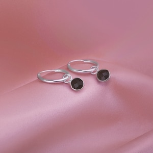 925 Sterling Silver Hoop Earring with Black Onyx Charm, 15mm hoop