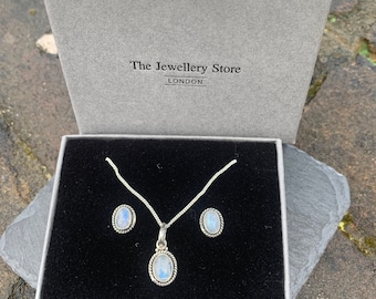 Oval Moonstone Jewelry Set: Sterling Silver Pendant and Studs