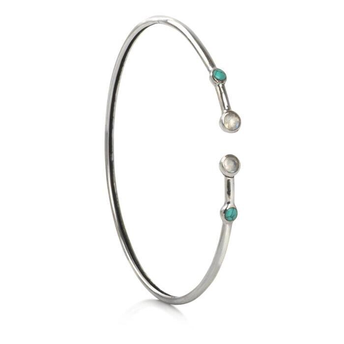 Brazalete de plata con piedras preciosas de piedra lunar y turquesa