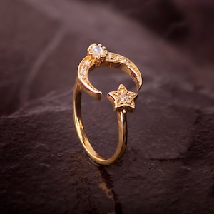 Adjustable Star and Moon Ring in Gold Vermeil, CZ and Moonstone,