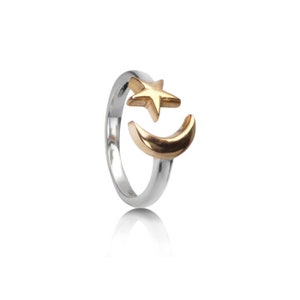 Adjustable ring with Crescent Moon and Star in 925 Sterling Silver and gold vermeil,silver ring, star and moon ring