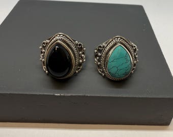 Tibetan Turquoise or Black onyx ring in sterling silver