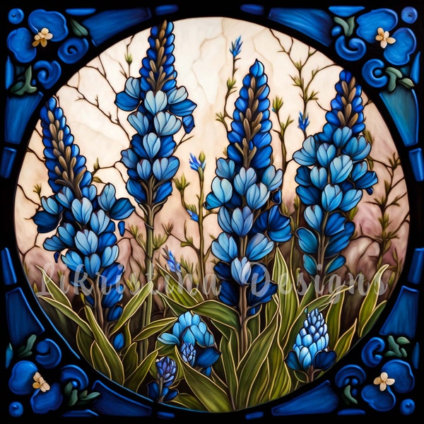 Texas Bluebonnets Stained Glass Sublimation Design PNG, Square Sublimation Bundle, Clipart for Commercial Use, Spring Floral Digital Art