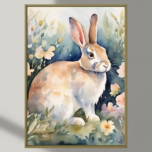 Charming Rabbit in Meadow Digital Download Art, Art Painting, Easter Art, Easter Bunny, Kids Room Art, Cute Wall Art, Spring Watercolor