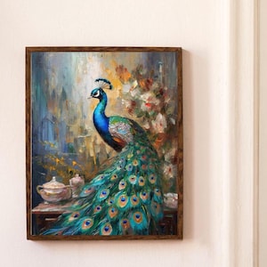 Peacock and Florals Wall Art Printable | Colorful Bird with Florals Print | Vintage Style Oil Painting | Elegant Animal Decor Download