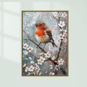 Robin Bird Art Print: Cottagecore Spring Blossom Wall Decor (Digital Download)