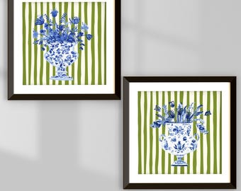 Blue Chinoiserie Vase Print Set: Botanical Floral Art (Digital Download)