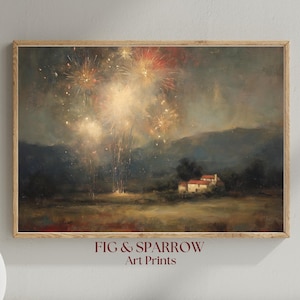 May include: A framed art print depicting a fireworks display over a rural scene. The artwork has a vintage style, with a house and hills in the background. The text "FIG & SPARROW Art Prints" is at the bottom of the print.