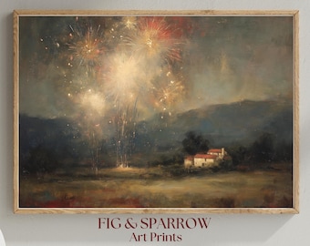 Vintage Fireworks Painting, Americana Landscape Art (Digital Download)