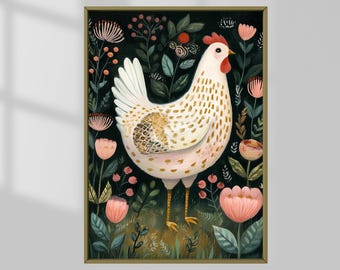 Farmhouse Chicken Art Print: Whimsical Floral Hen, Cottagecore Kitchen Decor (Digital Download)