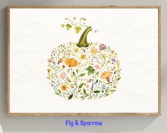 Floral Pumpkin Print: Pastel Autumn Botanical Wall Art (Digital Download