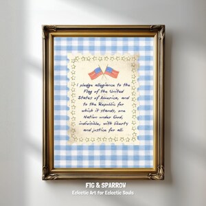 Patriotic kids learning room decor printable featuring Pledge of Allegiance and flag accents