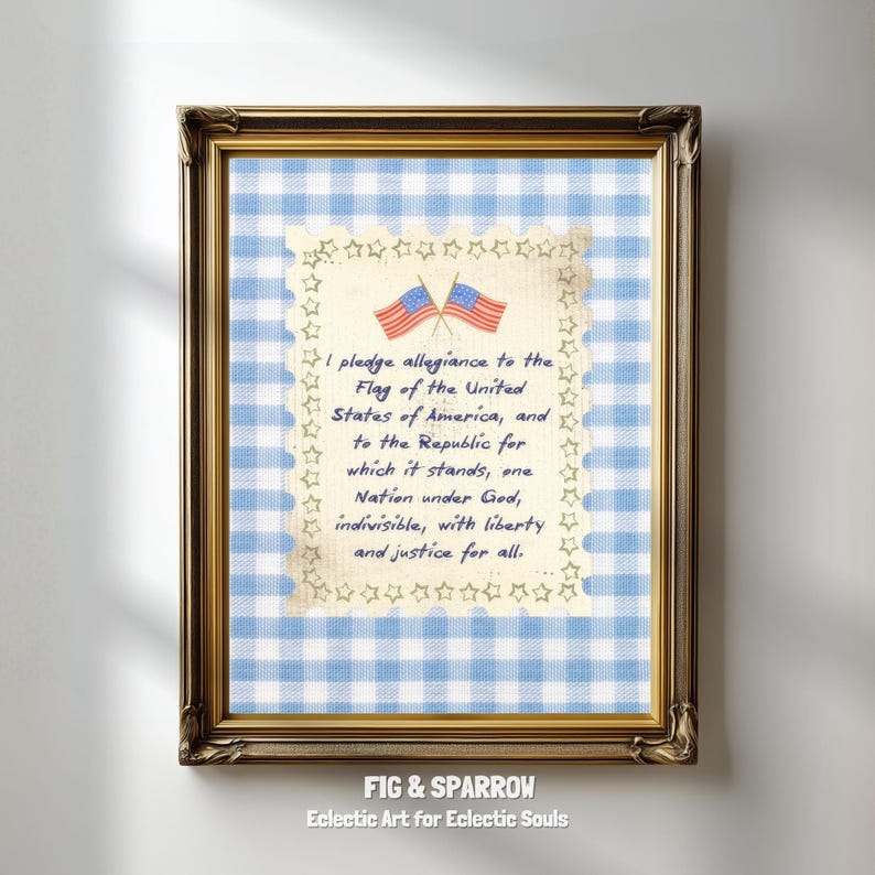 Patriotic kids learning room decor printable featuring Pledge of Allegiance and flag accents