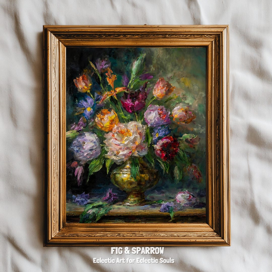 Vintage Floral Still Life Art Print | Moody Oil Painting Bouquet ...