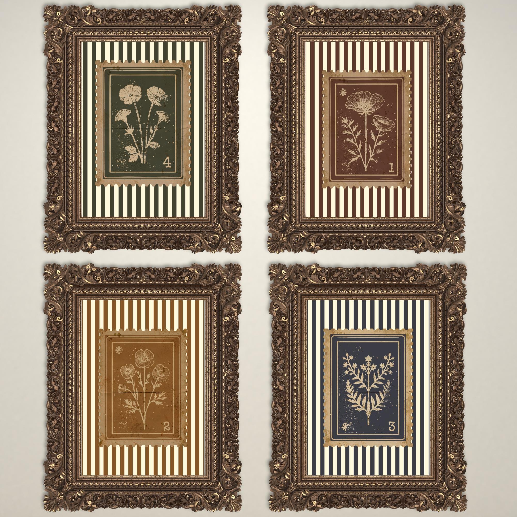 Vintage Botanical Stripe Art Set of Four – Antique Floral Prints with Numbered Labels, Rustic Cottagecore Wall Decor, Digital Download,