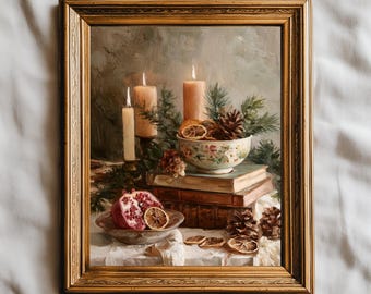 May include: A framed still life painting featuring lit candles, a bowl of pinecones and dried oranges, and a halved pomegranate. The painting has a gold frame and the text "FIG & SPARROW" at the bottom.