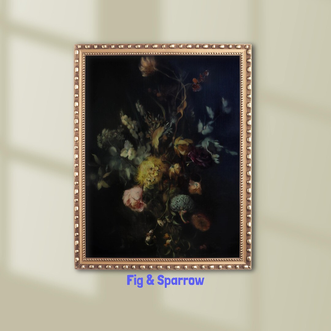 Moody Floral Still Life Art Print | Dark Botanical Wall Decor | Vintage ...
