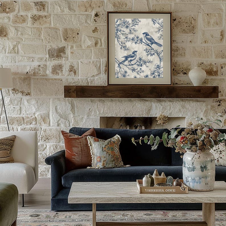 Blue Toile Bird Print: Vintage Botanical Cottagecore Wall Art (digital ...