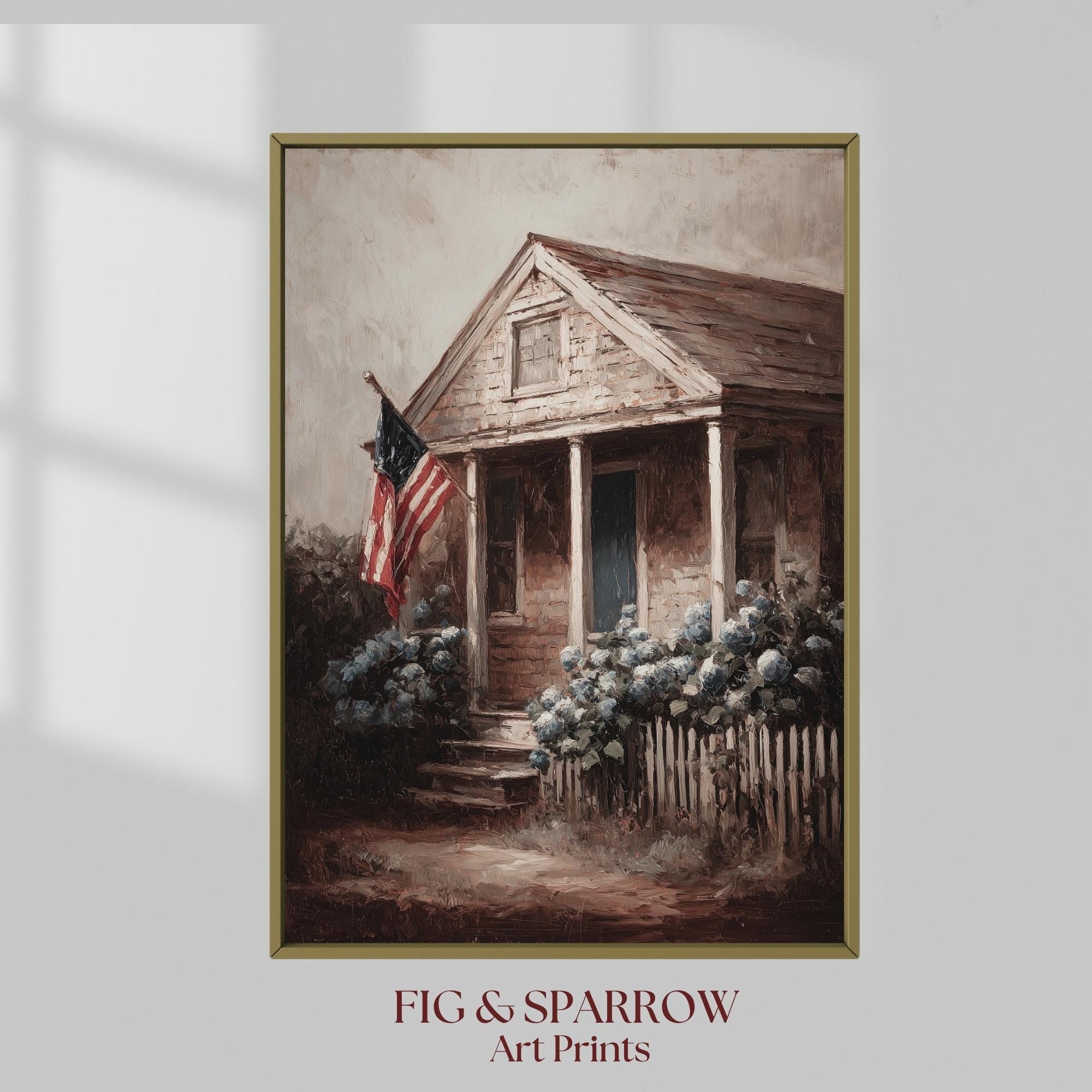 Rustic American Porch Art Print | Patriotic Cottage Wall Decor with Flag & Hydrangeas | Vintage USA Printable 4th of July Artwork