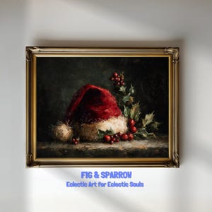 Santa Hat Holly Print, Moody Christmas Still Life (Digital Download)