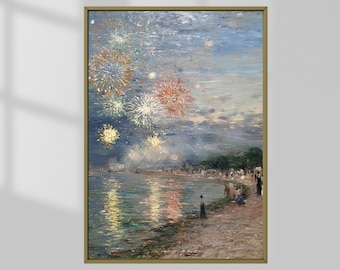 Seaside Fireworks Vintage Art Print | Patriotic Coastal Wall Decor (Digital Download)