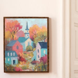 Pastel Autumn Village Landscape Digital Print, Cozy Fall Farmhouse Wall Art, Vintage Halloween & Thanksgiving Decor, Coquette Fall Art,