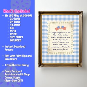 May include: A framed print featuring the Pledge of Allegiance against a blue gingham background. The text is surrounded by a star-shaped border, with two American flags at the top. The frame is a dark, ornate gold color.