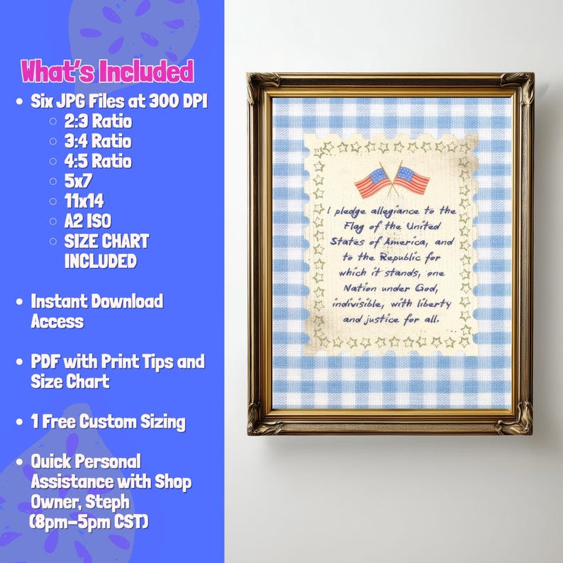 May include: A framed print featuring the Pledge of Allegiance against a blue gingham background. The text is surrounded by a star-shaped border, with two American flags at the top. The frame is a dark, ornate gold color.