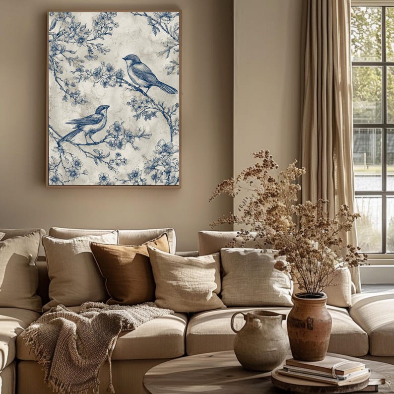 Blue Toile Bird Print: Vintage Botanical Cottagecore Wall Art (digital ...