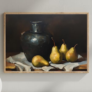 Vintage Still Life Print: Jug and Pears, Dark Academia Decor (Digital Download)