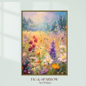 Printable Wildflower Field Landscape, Colorful Summer Meadow Wall Art, Vibrant Floral Digital Painting, Cottagecore Printable Art,