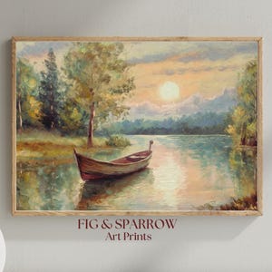 Lake Wall Art Printable, Canoe on Lake at Sunset Landscape, Vintage Impressionist Cabin Decor Digital Download, Lake House Painting Style