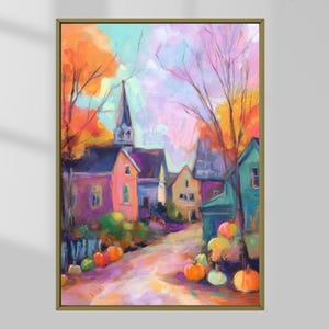 Pastel Fall Village Digital Download, Coquette Wall Art, Whimsical Pumpkin Town Print, Colorful Autumn Decor, Cozy Harvest Aesthetic Artwork