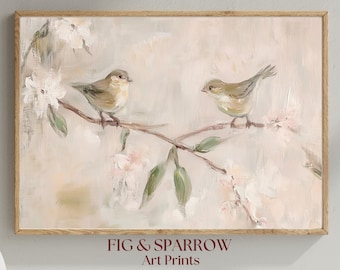 Vintage Bird Wall Art: Pastel Floral Branch Painting (Digital Download)
