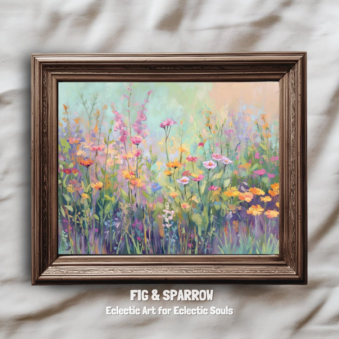 Vintage Wildflower Meadow Art Print | Pastel Floral Landscape (digital ...