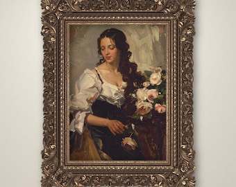 Impresión de retrato de mujer vintage: arte rústico floral cottagecore (descarga digital)