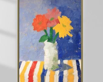 May include: An oil painting depicting a still life with a white vase holding three flowers in shades of orange, pink, and yellow. The flowers are on a table with a striped pattern of red, yellow, and blue. The background is a textured blue.