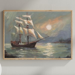 Vintage Sailboat Art Digital Print, Nautical Printable, Moonlit Ocean Decor, Coastal Wall Art, Nautical Boat Decor, Ocean Artwork