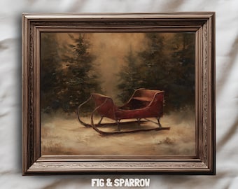 Red Sleigh Wall Art | Farmhouse Christmas Printable | Cozy Winter Digital Download
