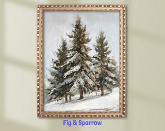 Arte mural de pino invernal / Pintura de paisaje nevado / Descarga digital rústica de hoja perenne