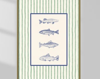 Vintage Fish Art Print: Blue Botanical Illustration, Coastal Wall Decor (Digital Download)