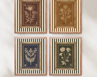 Vintage Botanical Prints Set: Antique Floral Stripe Art, Cottagecore Decor (Digital Download