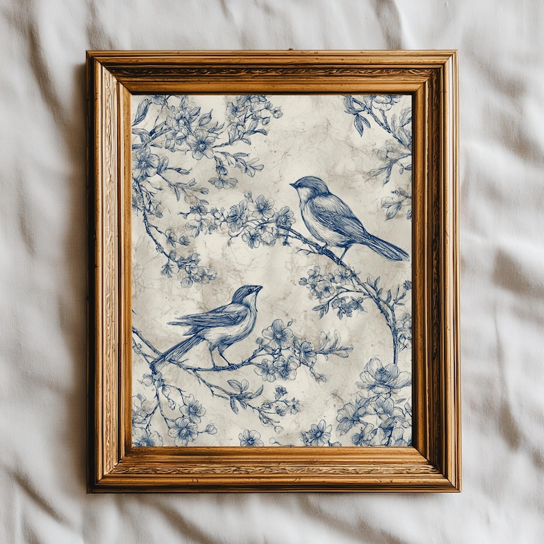 Blue Toile Bird Print: Vintage Botanical Cottagecore Wall Art (digital ...