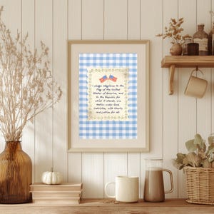 Printable art designed to be framed featuring Pledge of Allegiance with gingham patriotic border