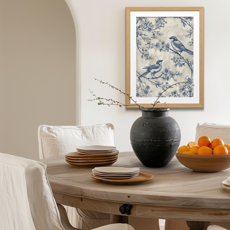 Blue Toile Bird Print: Vintage Botanical Cottagecore Wall Art (digital ...