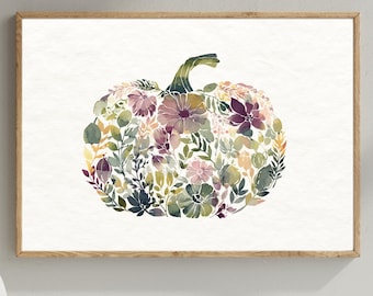 Watercolor Pumpkin Floral Print: Autumn Harvest Thanksgiving Decor (Digital Download)