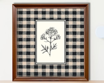 Vintage Botanical Print: Black & White Floral Gingham (Digital Download